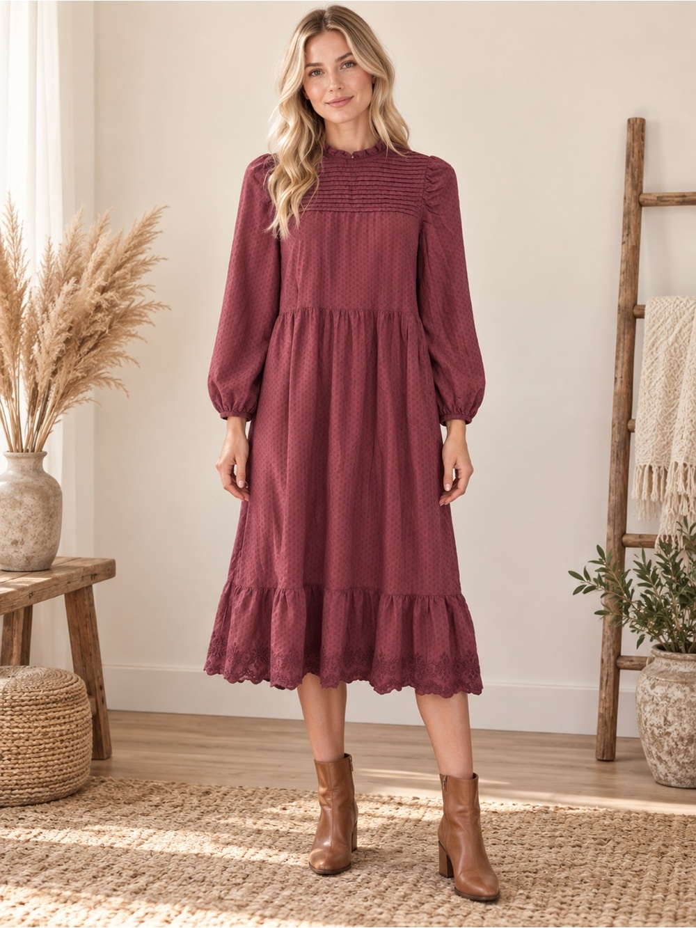 Universal Thread Boho Minimalist Midi Dress in Burgundy Wine